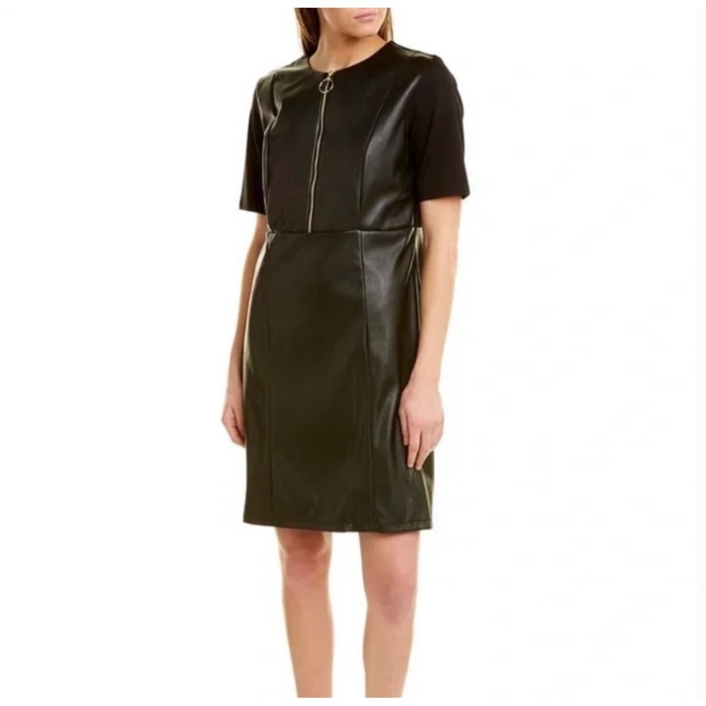 Nanette Lepore Nanette Black Faux Leather Ponte Knit O-Ring Zip Shift Dress